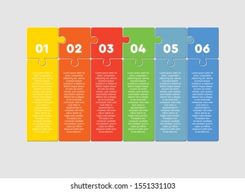 Six pieces puzzle squares diagram. Squares business presentation infographic. 6 steps, parts, pieces of process diagram. Horizontal section compare banner. Jigsaw puzzle info graphic.