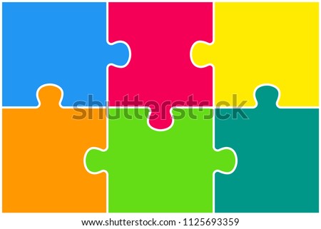 Six pieces puzzle squares diagram. Squares business presentation infographic. 6 steps, parts, pieces of process diagram. Section compare banner. Jigsaw puzzle info graphic.Marketing strategy.