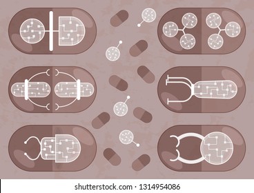 Six pills with different nanobots. Each capsule has they own nanorobot with organic transparent membrane and microchips