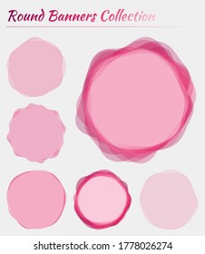 Six pink round labels, various shades. Vector illustration. Ideal for branding or presentations.