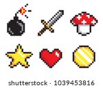 Six pixel icons colorful vector illustration, sword and cannonball, amanita and heart, golden star and coin, pixel collection, isolated on white
