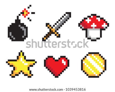 Six pixel icons colorful vector illustration, sword and cannonball, amanita and heart, golden star and coin, pixel collection, isolated on white