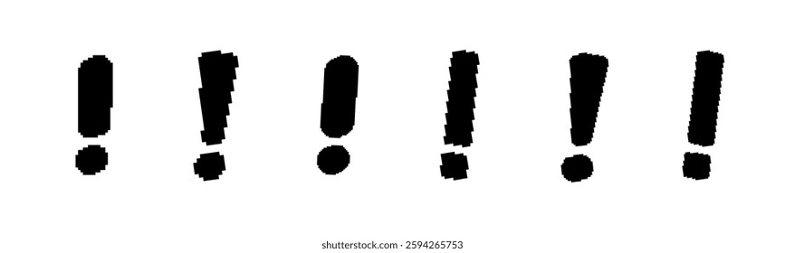 Six pixelated black exclamation marks, featuring an abstract and glitchy design.
