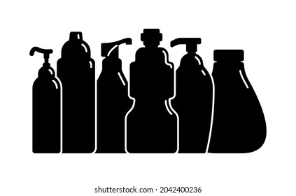 Six plastic cosmetic jar product in row. Oil, mask, cream. Cosmetic container. Illustration design in form of black silhouette with thin white lines. Isolated icon in flat style on white background.
