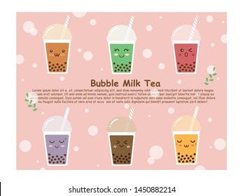 Six plastic cups of variety flavor sweet brown sugar bubble milk tea or boba tea in cute smile funny cartoon face. Trendy beverage. Illustration vector design on pastel pink background with copy space