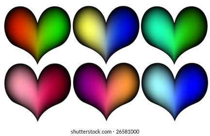 six plastic hearts in different colors