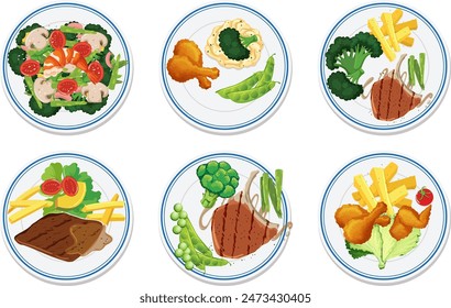 Six plates with various meals and vegetables