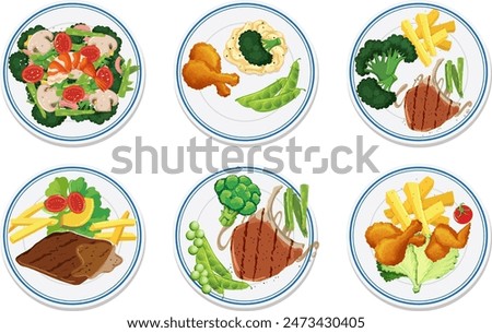 Six plates with various meals and vegetables