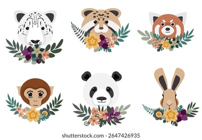 Six playful animal illustrations include a snow leopard, red panda, fox, monkey, panda, and rabbit surrounded by vibrant floral decorations. This artwork celebrates wildlife and nature's beauty.