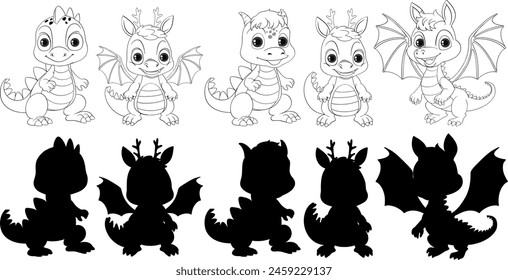 Six playful dragon illustrations, black and white