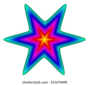 Six point star with 25 rainbow colors in unusual order separated by black lines. The vector file is an AI 8 compatible eps file.