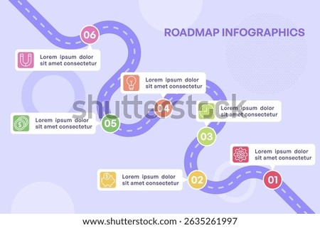Six Point Winding Roadmap Infographic with Colorful Icons and Curved Turns Vector Illustration