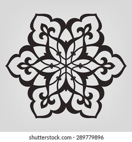 Six pointed circular pattern. Mandala. Round linear vector ornament on dark background.