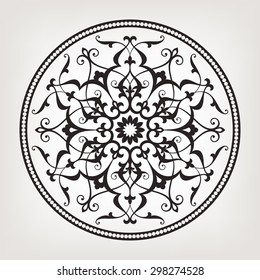 Six pointed circular pattern. Mandala. Round stylized floral vector ornament. Arabesque