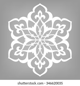 Six pointed circular pattern. Mandala. Round vector ornament on gray background in Arabic style.