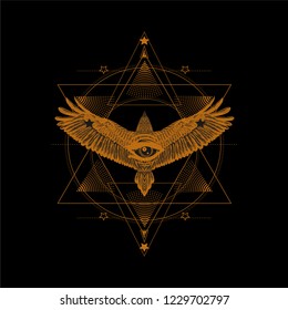 Six pointed star with all seeing eye and flying bird. Smbol of alchemy.