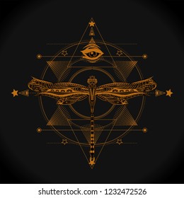 Six pointed star, all seeing eye and dragonfly. Sacred geometry for tatoo art and print t shirt. Unalome. Boho chic.