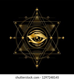 Six pointed star with all seeing eye. Gold geometric pattern. To be used for print t shirt. Boho chic. Masonic symbol.