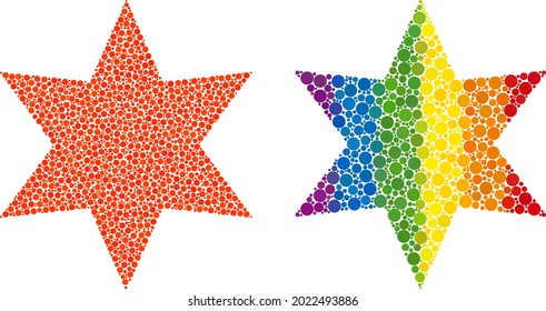 Six pointed star composition icon of round items in variable sizes and rainbow colorful color tints. A dotted LGBT-colored six pointed star for lesbians, gays, bisexuals, and transgenders.