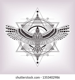 Six pointed star and detailed drawing bird. Sacred geometry. To be use for print t shirt, tattoo art, coloring book pages. Vintage.