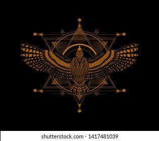 Six pointed star and drawing flying bird. Gold geometric pattern with bald eagle on the black background. To be used for print t shirt and tattoo art. 