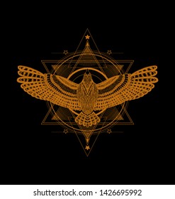 Six pointed star and drawing flying bird with magic look. Masonic symbol. Eye of providence with sacred geometry and eagle.  Black and white sketch for print t shirt and tatoo art. 