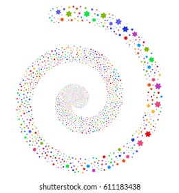 Six Pointed Star exploding whirl spiral. Vector bright multicolored scattered design elements.