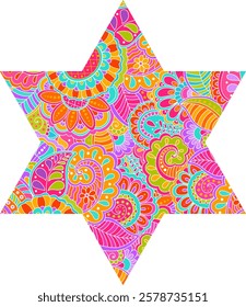 Six pointed star filled with hand drawn oriental floral pattern. Colorful decoration element