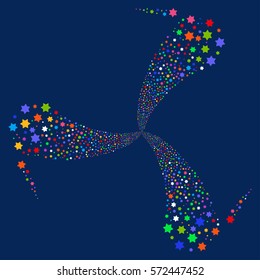 Six Pointed Star fireworks swirl rotation. Vector illustration style is flat bright multicolored iconic symbols on a blue background. Object whirlpool organized from random pictographs.