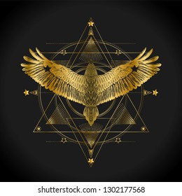 Six pointed star with flying bird. Gold masonic symbol. Occult print for t shirt.