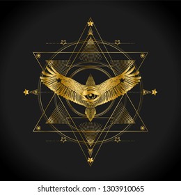 Six pointed star with flying bird and all seeing eye. Stylised mandala.