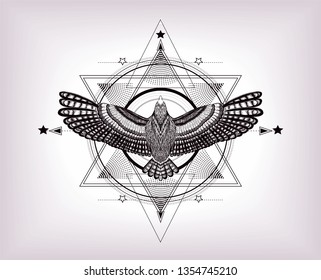 Seis estrellas puntiagudas y pájaro volador. Mandala estilizada. Geometría sagrada con búho. Símbolo de tierra. Mandala decorativa. Para tatuar arte e imprimir en pantalones.