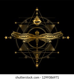 Six pointed star with flying insect and all seeing eye. Stylised mandala with decoration dragonfly. Boho chic. Masonic symbol.