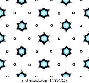 six pointed star, geometric ornamental seamless pattern, white and light blue seamless design texture, background, digital vector illustration.