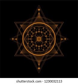 Six pointed star with hand drawn stylized lotus flower. Symbol of yoga and meditation. 