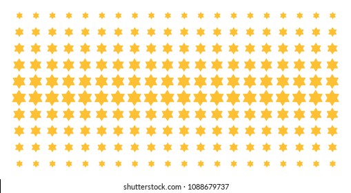 Six pointed star icon halftone pattern, designed for backgrounds, covers, templates and abstraction compositions. Vector six pointed star symbols organized into halftone matrix.