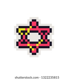 Six pointed star logo pixel art icon. Game assets 8-bit sprite. Design for stickers, web, mobile app, badges and patches. Isolated on white background vector illustration.