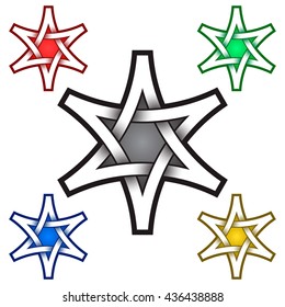 Six pointed star logo template in Celtic style. Tribal tattoo symbol. Silver stamp for jewelry design and samples of red, green, blue and golden colors.