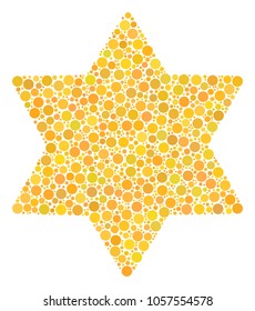 Six Pointed Star mosaic of circle dots in variable sizes and color tinges. Dots are composed into six pointed star vector collage. Vector illustration.