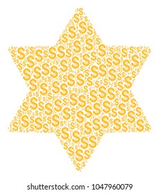Six Pointed Star mosaic of dollar symbols. Vector dollar pictograms are grouped into six pointed star illustration.