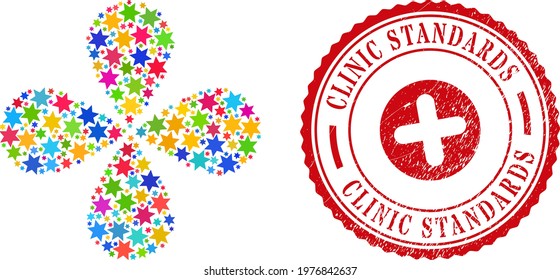 Six pointed star multicolored twirl abstract flower, and red round CLINIC STANDARDS unclean stamp print. Six pointed star symbol inside round watermark.