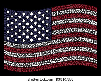 Six pointed star pictograms are arranged into waving USA flag stylization on a dark background. Vector composition of America state flag is made from six pointed star elements.