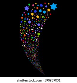 Six Pointed Star random fireworks stream. Vector illustration style is flat bright multicolored iconic symbols on a black background. Object fountain constructed from scattered symbols.