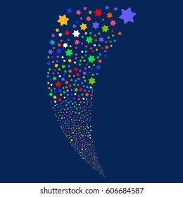 Six Pointed Star random fireworks stream. Vector illustration style is flat bright multicolored iconic symbols on a blue background. Object fountain done from scattered pictographs.