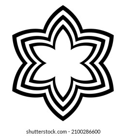 Six pointed star symbol, with arched offset lines. Three bold lines, curved like lancet arches, forming a pictogram, in the shape of a blossom with six petals. Black and white illustration. Vector.