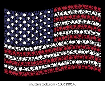 Six pointed star symbols are composed into waving USA flag abstraction on a dark background. Vector composition of USA state flag is constructed from six pointed star items.