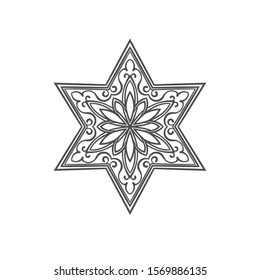 Six pointed star zentangle, Isolated design element Mandala for coloring book, Christmas decoration, tattoo