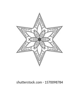 Six pointed star zentangle, Isolated design element Mandala for coloring book, Christmas decoration, tattoo