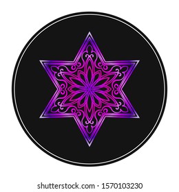 Seis estrellas puntiagudas zentangle, elemento de diseño de Mandala color morado vivo sobre negro