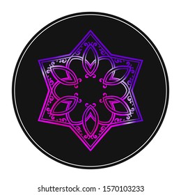 Six pointed star zentangle, Vivid purple color mandala design element on black